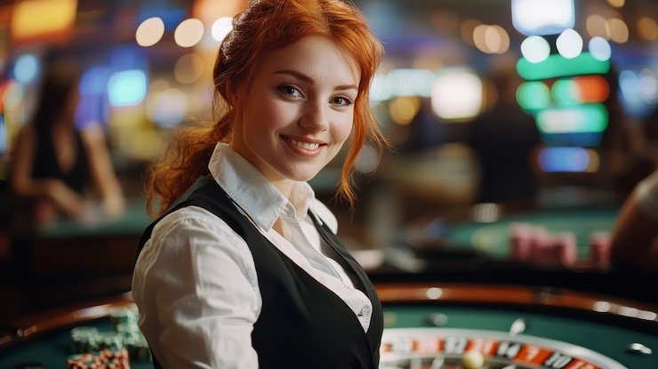 Visual interaktif dari permainan slot dan live casino dengan dealer di platform hiburan banteng328